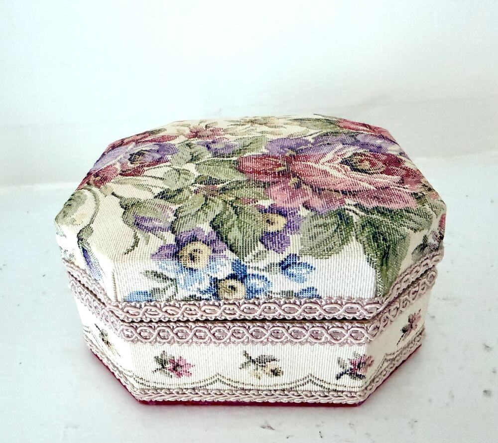 Vintage Schmid Tapestry Rose Jewelry Music Box Padded Floral Cottagecore Trinket